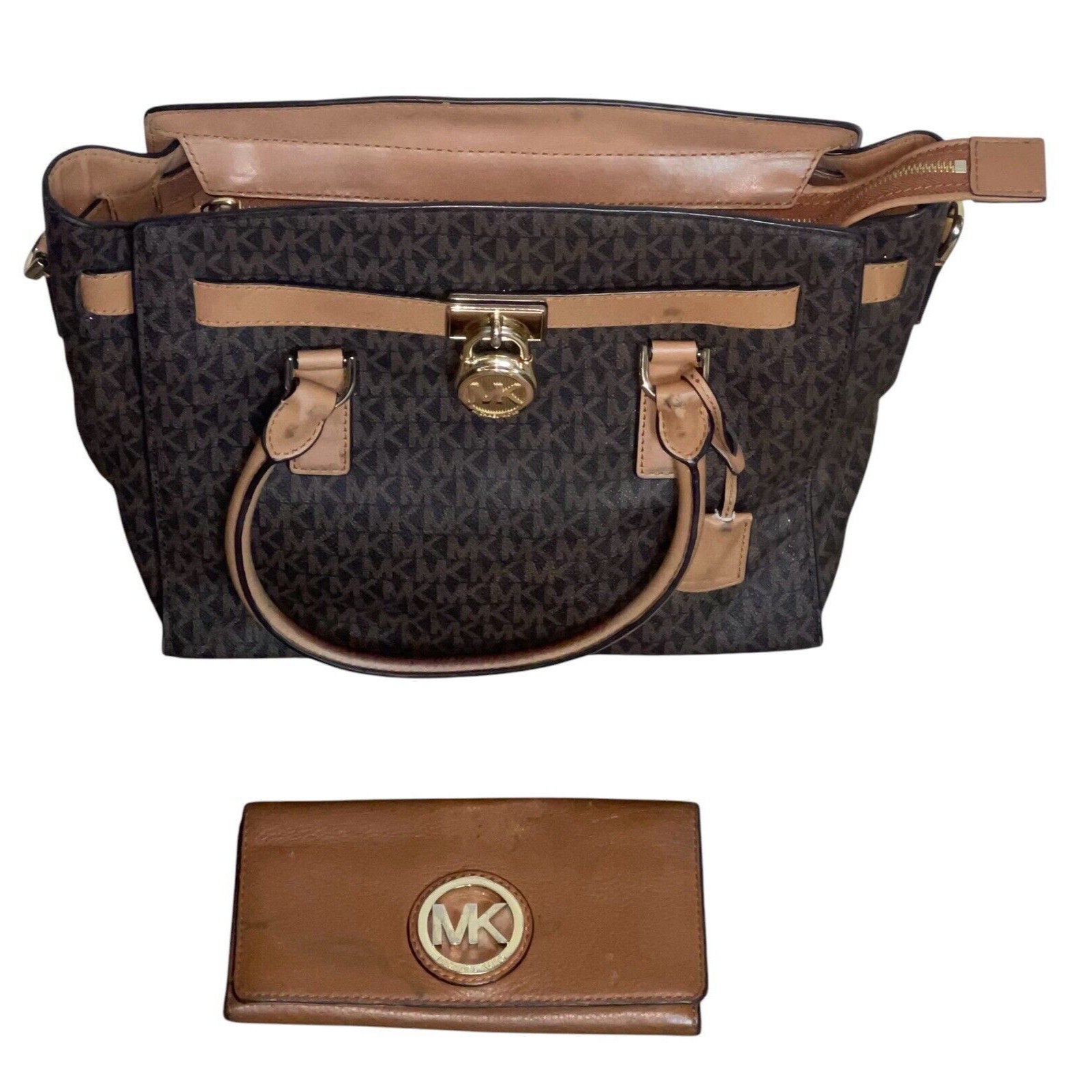 Michael Kors Hamilton Monogram Lock Gold Chain Bag Signature Large Satchel Purse